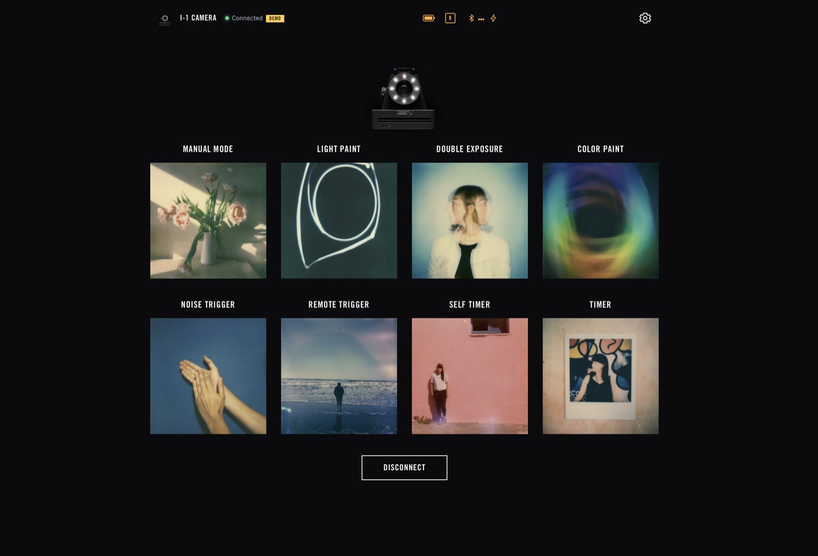 The web app home screen with the mode grid and live status bar