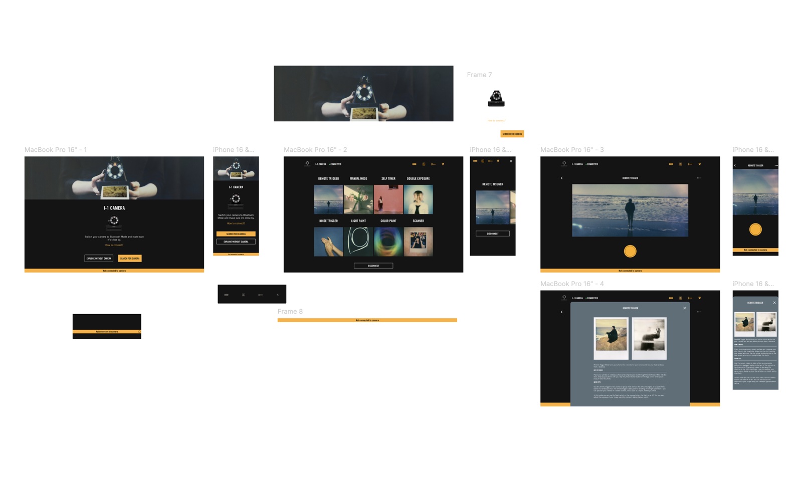 The Figma artboard with the connect, home and remote trigger screens for desktop and phone