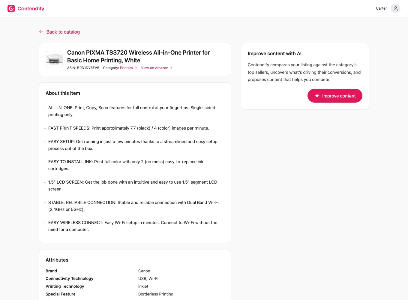 The Contendify listing page before “Improve content”, with seven bullets and the Improve content with AI card