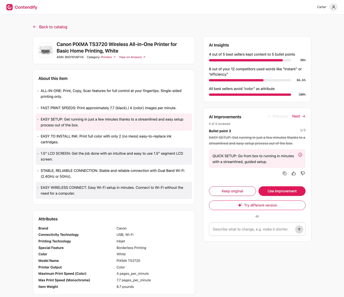 Animation: the results page, then the seller applies one improvement, keeps one original and applies a third, ending on the summary page “All improvements reviewed. 2 Applied, 1 Kept as original”