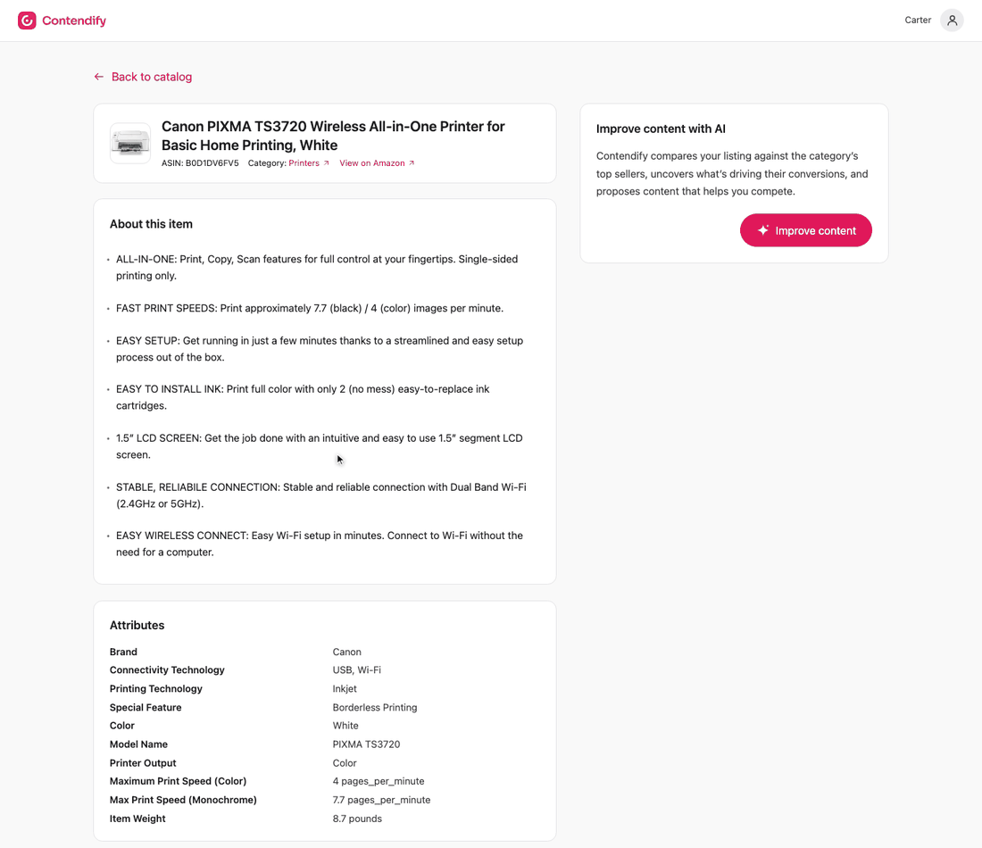 Animation: the cursor clicks “Improve content”, the listing turns into shimmering placeholders and the card cycles through the scanning messages until the results appear